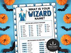 a printable wizard name sheet with bats and pumpkins in the background for halloween