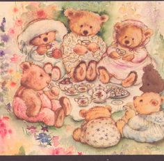 a group of teddy bears sitting around a table with tea and cookies in front of them