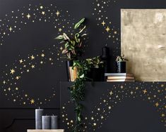 a black wall with gold stars painted on it and some plants in the foreground