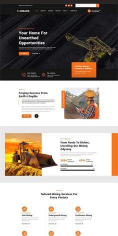 the construction company website is displayed in orange and black colors, with an image of a man