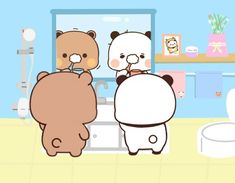 three cartoon bears standing in front of a bathroom mirror, one with its back to the camera