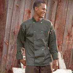 Dress your chefs in the best with this Uncommon Threads Orleans 0488 olive unisex customizable long sleeve chef coat. Made from a 7.5 oz., 65/35 poly-cotton twill blend, this jacket is lightweight, comfortable, looks professional, and is durable enough to stand up to any foodservice environment. Each jacket has long sleeves that keep arms and skin safe from hot cooking environments. A utility shoulder pocket is on one sleeve of the jacket and is the perfect spot to store thermometers or pens. Pl Character Rotation, Waiter Outfit, Hotel Uniforms, Restaurant Aprons, Japanese Uniform, Barber Apron, Hotel Uniform, Chef Pants, Chef Wear