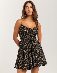 Rsq Cinch Waist Slip Dress. This Dress Features A Delightful Floral Print That Adds A Touch Of Whimsy To The Design. The Sweetheart Neckline And Lace-Up Bodice Offer A Flattering Silhouette, While The Cinch Waist Detail Accentuates Your Curves. Adjustable Spaghetti Straps. Zipper Closure At Back. Approx. Length: 31''. 100% Polyester. Machine Wash. Imported. Model Is Wearing A Size Small. Model Measurements:height: 5'8" Bust: 34"waist: 25"hips: 37.5" Flirty Sleeveless Tie-waist Dress, Sleeveless Tie Waist Flirty Dress, Flirty Sleeveless Dress With Tie Waist, Flirty Mini Dress With Tie Waist, Flirty Flowy Dress With Tie Waist, Flowy Flirty Dress With Tie Waist, Casual Mini Dress With Tie Waist For Date Night, Casual Dress With Drawstring For Day Out, Casual Tie-waist Dress For Date Night