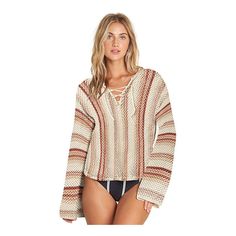 New With Tags Billabong Women's Tidal Vibes Sweater Get Carried Away With Tidal Vibes. A Baja Hoodie With A Softer Side, This Beachside Essential Brings A Cozy Knit To The Seaside Classic. The Open Knit, Hooded Sweater Brings Ultra Chill Lines With A Relaxed Fit, Flared Sleeves And Lace Up Detail At Center Chest. Imported. Fall Beachwear Tops, Brown Beachwear Tops For Vacation, Sweater Lace, Baja Hoodie, Stitch Sweater, Billabong Women, Lace Sweater, White Caps, The Seaside