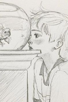 a pencil drawing of a boy looking at a fish in a bowl with a goldfish on it