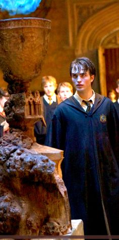 harry potter standing in front of a fountain with his hands on his hips and other people behind him