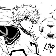 an anime character kicking a soccer ball with his hair blowing in the wind, while wearing a black and white uniform