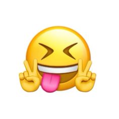 an emoticive smiley face with tongue sticking out its tongue and making the peace sign