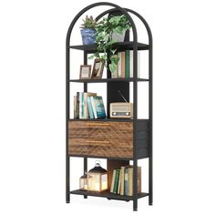 a book shelf with books and plants on it's top shelves, against a white background