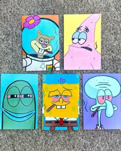 four paintings of spongebob characters are on the ground, each with different facial expressions