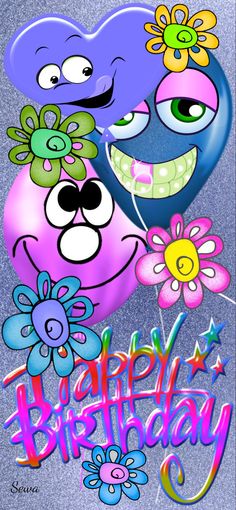 a cartoon character holding a wine glass with the words happy birthday on it and flowers