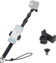 an image of a cell phone holder attached to a tripod with camera attachments