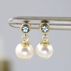 Modern Pearl Drop Earrings - Vintage Round White Pearl Dangles - March Birthstone Aquamarine Bezel S Blue Pearl Drop Earrings In Fine Jewelry Style, Elegant Dangle Earrings With Birthstone, Elegant Drop Earrings With Birthstone, Elegant Drop Birthstone Earrings, Akoya Pearl Dangle Earrings Fine Jewelry, Akoya Pearl Dangle Earrings In Fine Jewelry Style, Fine Jewelry Akoya Pearl Dangle Earrings, Elegant Pearl Birthstone Earrings For Anniversary, Elegant Birthstone Pearl Earrings For Anniversary