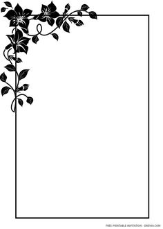 a black and white frame with flowers on it, in the shape of a rectangle