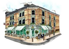 a watercolor painting of a building with awnings and people sitting at tables