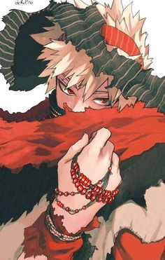 an anime character is holding his hand up to his ear and wearing red bracelets