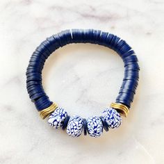 Heishi With Leopard or Blue Chinoiserie Accents Beaded Stretch - Etsy Heishi Jewelry, Heishi Bracelets, Stackable Beaded Bracelets, Heishi Bracelet, Blue Chinoiserie, Pearl Jewelry Design, Poly Clay, Tote Bags Sewing, Basic Jewelry