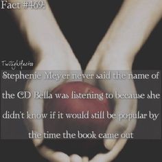 two hands holding an apple in front of a quote from the book, stephenie mayer never said the name of the cd bella was listening to because she didn't