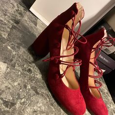 Brand New Cute Nine West Fall Lace-up Heels With Red Sole, Red Lace-up Heels For Spring, Casual Burgundy Party Heels, Red Lace-up Heels With Red Sole, Trendy Red Lace-up Heels, Red Lace-up Trendy Heels, Blue Block Heels, Brown Suede Heels, Black Patent Pumps