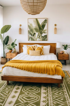 Mid-Century Modern Boho Bedroom. The retro blend of mustard yellow, avocado green, and crisp whites creates a stylish retreat that's perfect for relaxation. Paradise Decor, Decor Ideas Bedroom, Mid Century Modern Bedroom, Eclectic Bedroom, Boho Bedroom, Vintage Modern, Decor Bedroom, Home Decor Bedroom, Home Decor Ideas