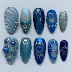 Pirate Inspired Nails, Dark Beach Nails, Virgo Inspired Nails, Water Nails Design, Blue Nail, Nails Polish, Press Ons