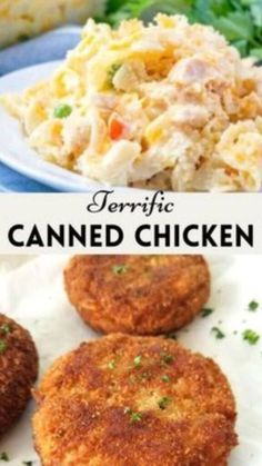 two pictures with different types of food and the words, terrii canned chicken patties