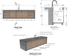 an image of a kitchen with drawings and measurements for the countertop, sink and cabinets