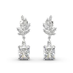 In all their formal elegance, these leaf design drop earrings are unsurpassed with magnificence and sparkle. Crafted in sterling silver, each earring features a radiant cut stone sparkling crazily on your ear, while glistening marquise cut stones complete the leaf design. A stylish anytime choice, these vintage earrings are a must-have for your jewelry box.Carat Weight: 4.5 ctStone Size: 2*4,3*6,2*3 mmStone Type: Jeulia® StoneNumber of Stones: 16 Stone Shape: MarquiseStone Color: Diamond WhiteWe Silver Earrings Online, Cut Earrings, Chic Earrings, Popular Fashion, Earrings Hoop, Fashion Designs, Radiant Cut, Pretty Earrings, Floral Earrings