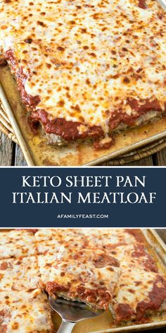 a close up of a pizza on a pan with the words keto sheet pan italian meatloaf