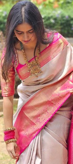 Beige and Brown color Saree in Art Silk fabric with Weaving work Ashika Ranganath, Sarees For Girls, Simple Saree Designs, Saree Wearing Styles, Saree Wearing, New Saree Designs, Latest Model Blouse Designs, Fashionable Saree Blouse Designs, Fancy Sarees Party Wear