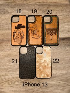 four cell phone cases with cowboy images on them, one is brown and the other is black