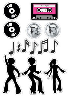 the silhouettes of two people dancing with music notes on their headphones and an old fashioned