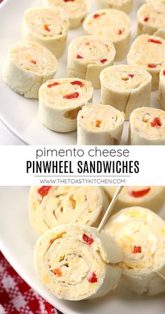 pinwheel sandwiches on a white plate with red and white checkered table cloth