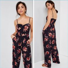 Band Of Gypsies Wide Leg Jumpsuit Black Pink Coral Floral M New With Tags Waist:14” Rise: 13” Inseam: 30” Pit To Pit: 16” With Stretch On The Back A Navy Jumpsuit With Adjustable Cami Straps And Shirred Back. 100% Polyester No Stretch Ships Fast! .8lbs B12 Sleeveless Floral Print Jumpsuit For Night Out, Blue Floral Jumpsuit, Floral Jumper, Navy Jumpsuit, Long Pant Jumpsuit, Spaghetti Strap Rompers, Tan Legs, Wide Leg Romper, Strapless Bustier