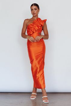 Red Orange Dress Formal, Mother Of The Bride Dresses Orange, Bright Formal Dress, Bright Bridesmaids Dresses, Halter Wedding Guest Dress, Bright Wedding Guest Dress, Orange Dress Bridesmaid, Orange Dresses Formal, Orange And Blue Wedding Colors