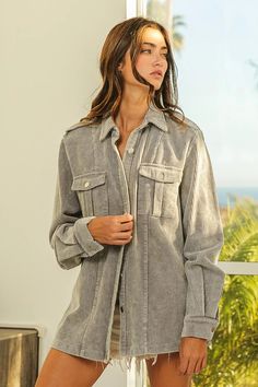 Womens Grey Button Up Ranchero Corduroy Jacket – Runner Island® Corduroy Shacket, Normal Body, Jacket Outfit, Corduroy Fabric, Corduroy Jacket, Retro Look, Up Styles, Bottoms Pants, Jumpsuit Dress