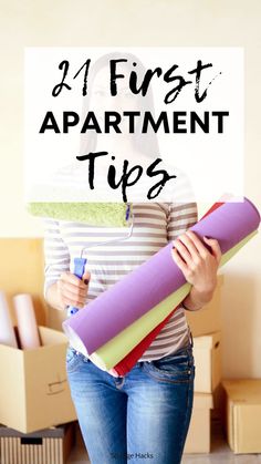 a woman holding yoga mats and the words, first apartment tips