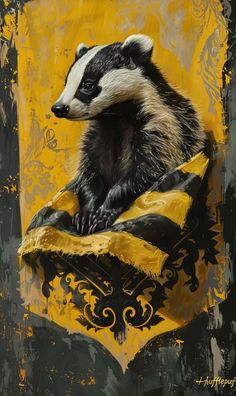 a painting of a badger sitting on top of a yellow blanket