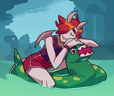 a cartoon character sitting on top of an inflatable alligator with her mouth open