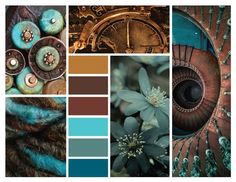 a collage of photos with different colors and designs on them, including blue, brown, and green