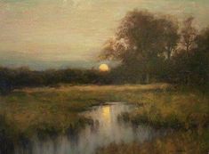 an oil painting of the sun setting over a marsh