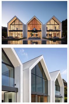 three different views of a house from the outside and inside, with windows on each side