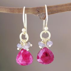 Quartz briolettes tinted to a delicious shade of cerise make these dangle earrings a standout. Vivek Nathany in India pairs the gems with petite rondelles of natural labradorite. The earrings swing from 22k gold plated sterling silver hooks. Ruby Gemstone Briolette Earrings, Quartz Colors, Precious Jewels, Gifts For My Sister, Buy Gold, Cluster Earrings, Quartz Earrings, Pink Quartz, Jewelry Inspo