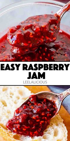 homemade raspberry jam in a glass bowl with a spoon on top and the recipe below