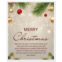 a merry christmas card with ornaments on it