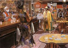 a painting of two men at a bar talking to another man who is wearing a pirate costume