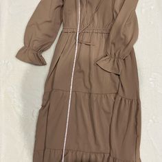 New Size L Summer Dress Spring Modest Long Midi Dress, Modest Long Midi Dress For Spring, Beige Midi Dress For Day Out, Beige Long Midi Dress For Day Out, Casual Long Sleeve Lined Midi Dress, Modest Ruffled Beach Dress, Beige Long Dresses For Day Out, Beige Lined Midi Dress For Daywear, Long Brown Dress For Day Out