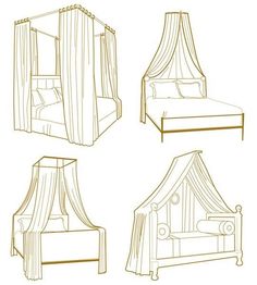 four different types of canopy beds with curtains on top and bottom, one in the middle