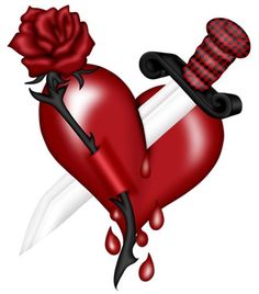 a red heart with a dagger and rose on it's side is dripping blood