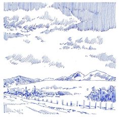 a drawing of mountains and clouds in blue ink, with trees on the other side